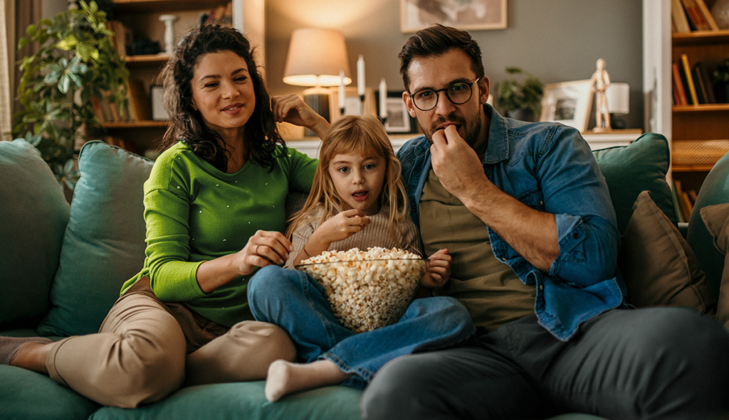 Família assistindo filmes sobre dinheiro | QuiteJá